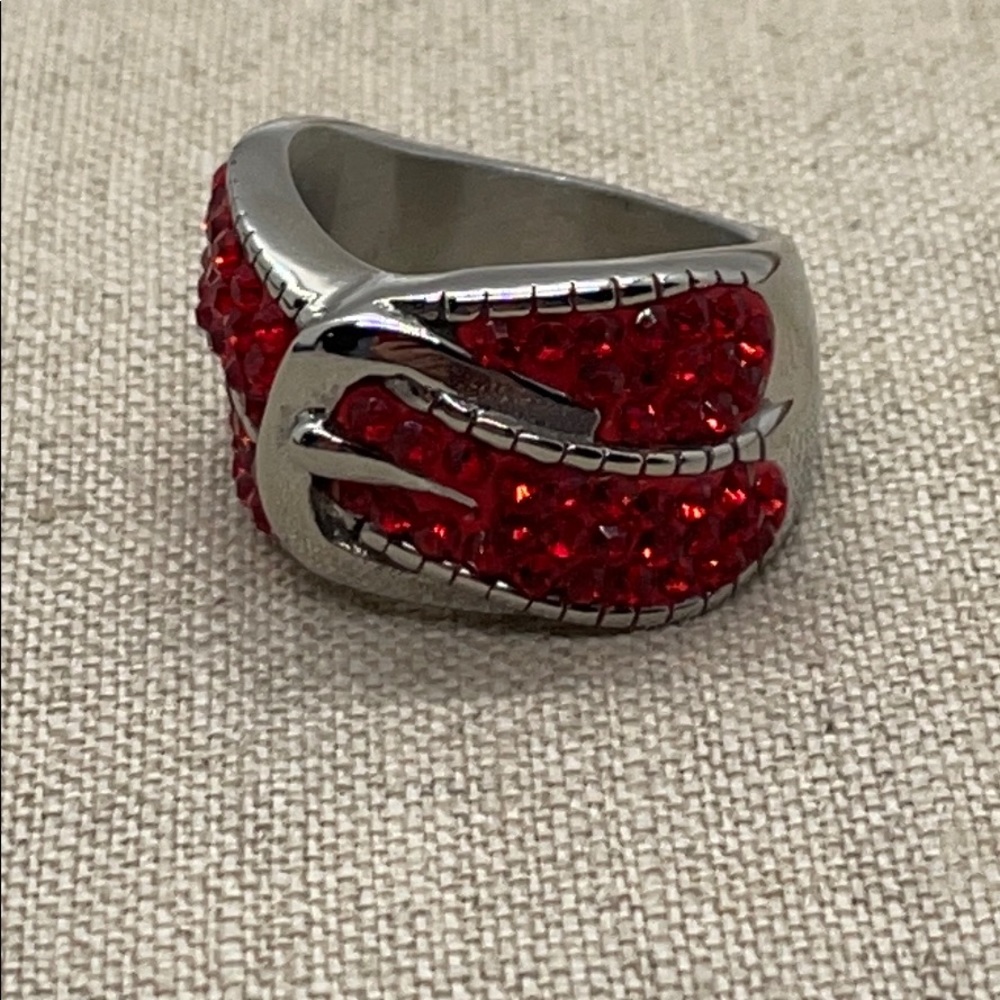 Stainless Steel Buckle Style Ring with Red Stones